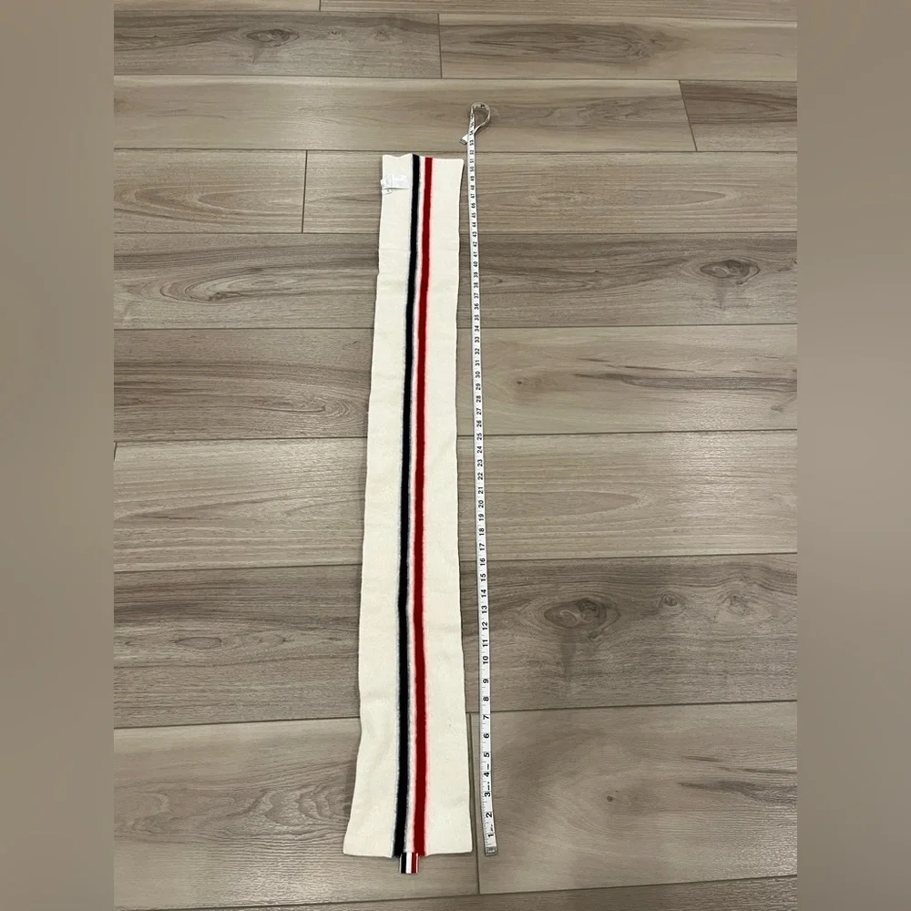 Thom Browne White Jersey Stitch Superfine Merino Wool Intarsia Stripe Scarf READ